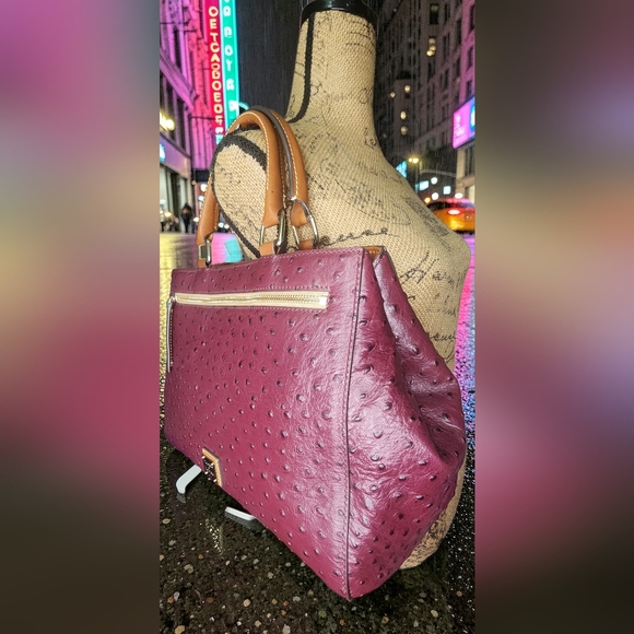 Dooney & Bourke Burgundy Ostrich Zip Satchel With Tan Handles - Picture 8 of 16